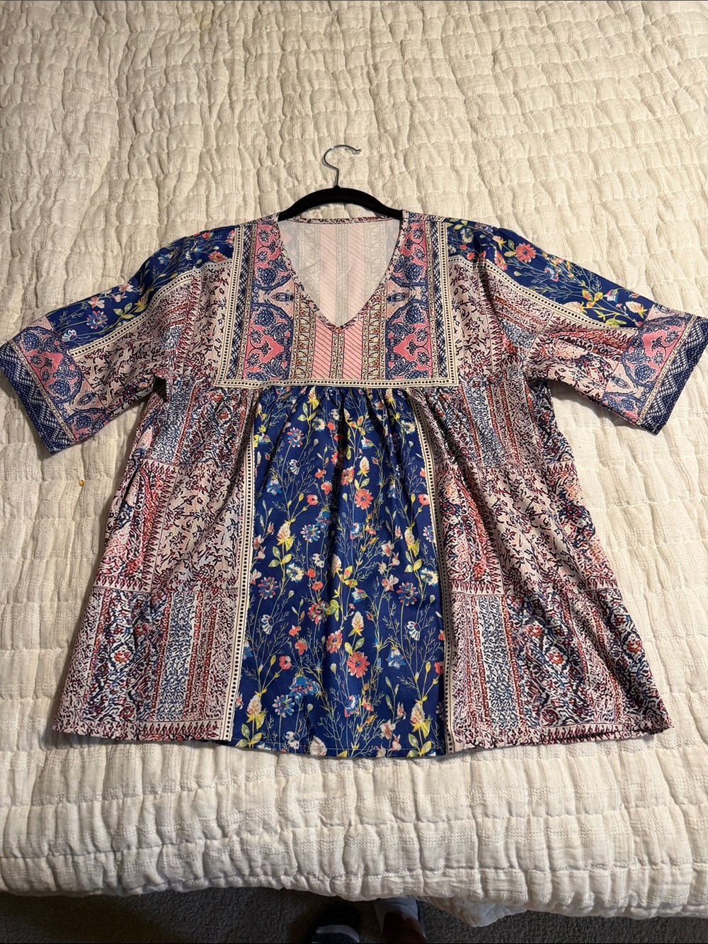 Bohemian Floral Patchwork V-Neck Women’s Top in Navy and Pink